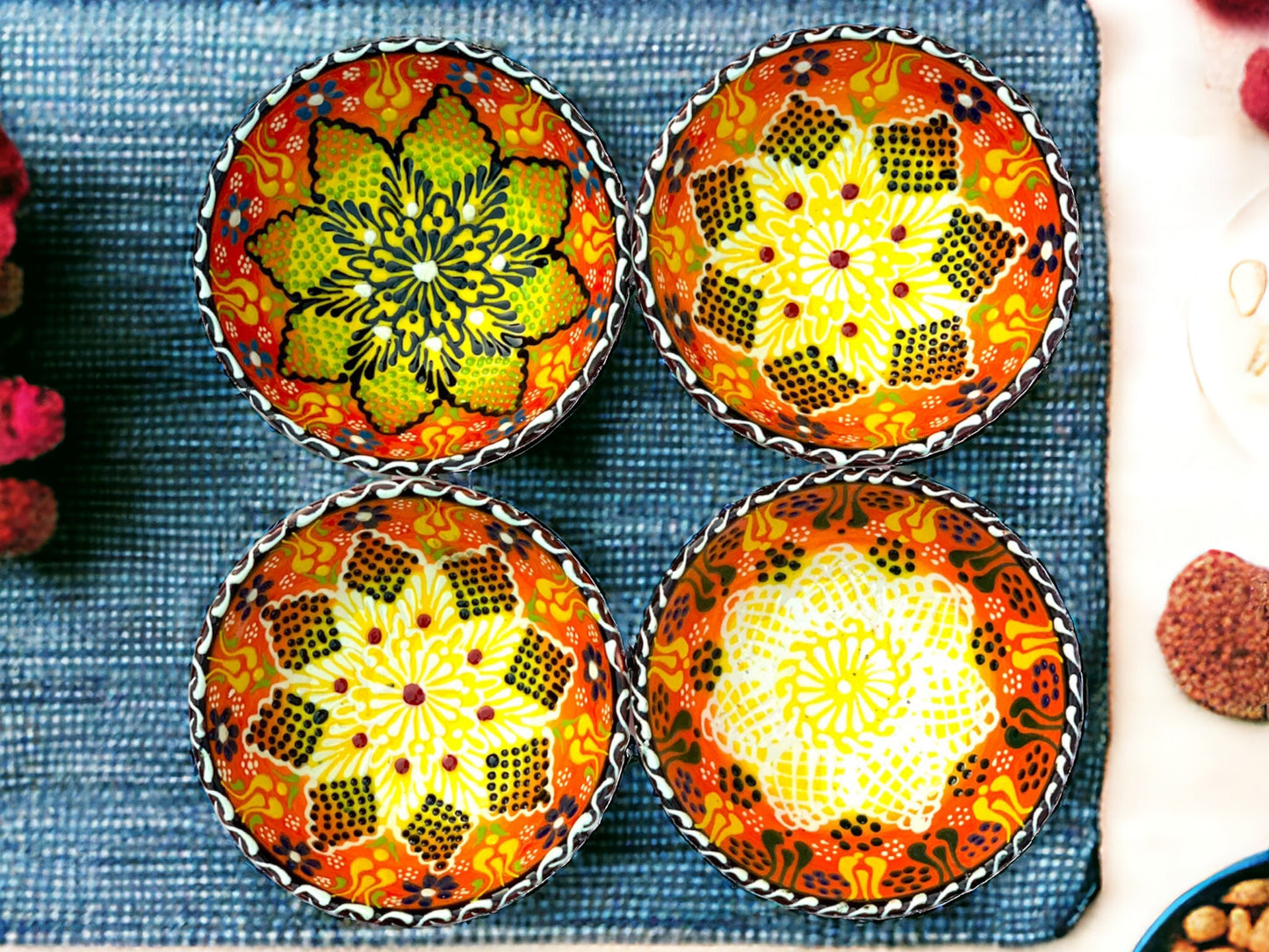 12 Cm Lace Patterned Ceramic Bowls Set of 4 for Snack,Tapas,Pudding,Nuts,Yoghurt,Hummus,Soy Sauce For Use or Decorative